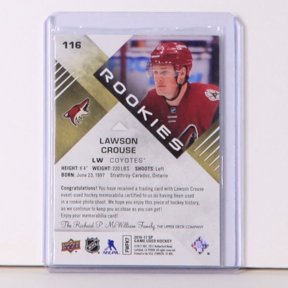 Lawson Crouse 2016/17 SP Game Used Authentic Rookies 042/399 Card #116 - Picture 2 of 2